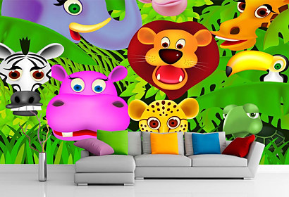 fototapeta Zvieratká z jungle, Jungle animals zvieratka džungľa slon elephant lev lion opica monkey žirafa giraffe zebra hroch hippopotamus leopard korytnačka turtle tucan